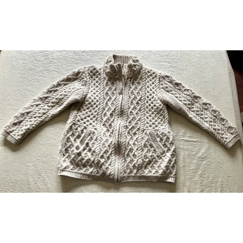 Aran Mor Ireland Merino Wool Cable Knit Full Zip Cardigan Sweater Oatmeal Large